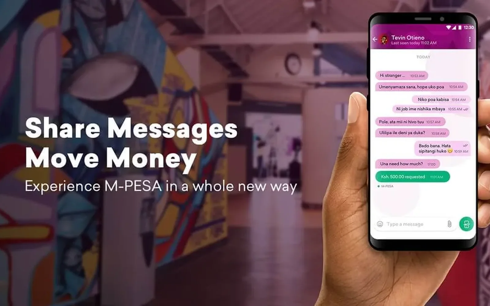 A hand holding a phone with a Bonga chat and a Ksh. 500 M-Pesa request, beside the line Share messages, move money