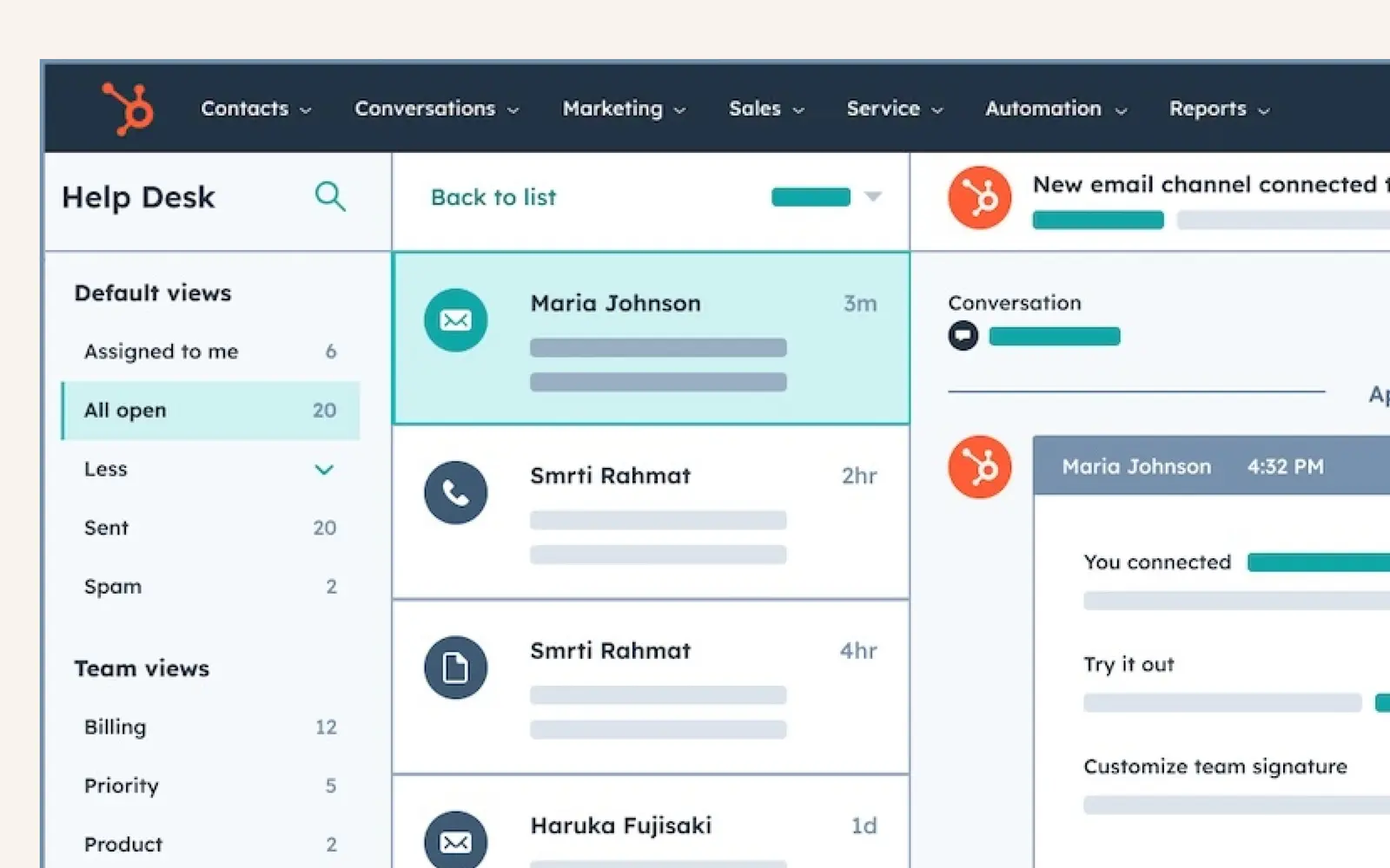 HubSpot Help Desk with an email conversation open beside the inbox list