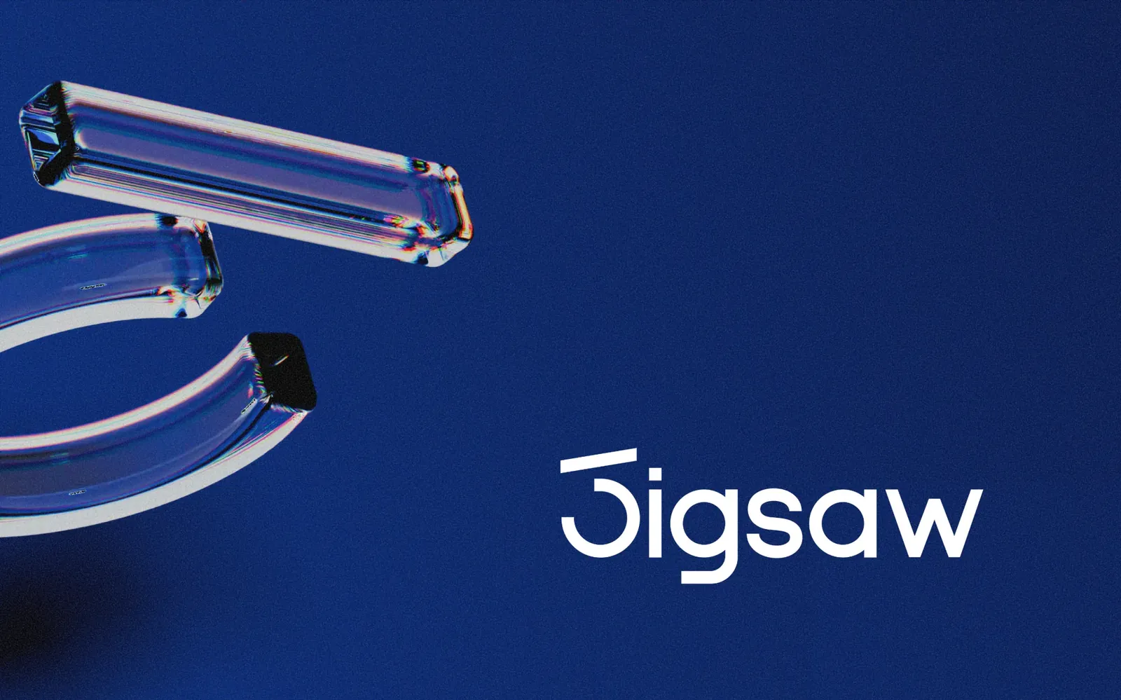 The Jigsaw wordmark in white on deep blue, beside the Jigsaw symbol rendered in glass