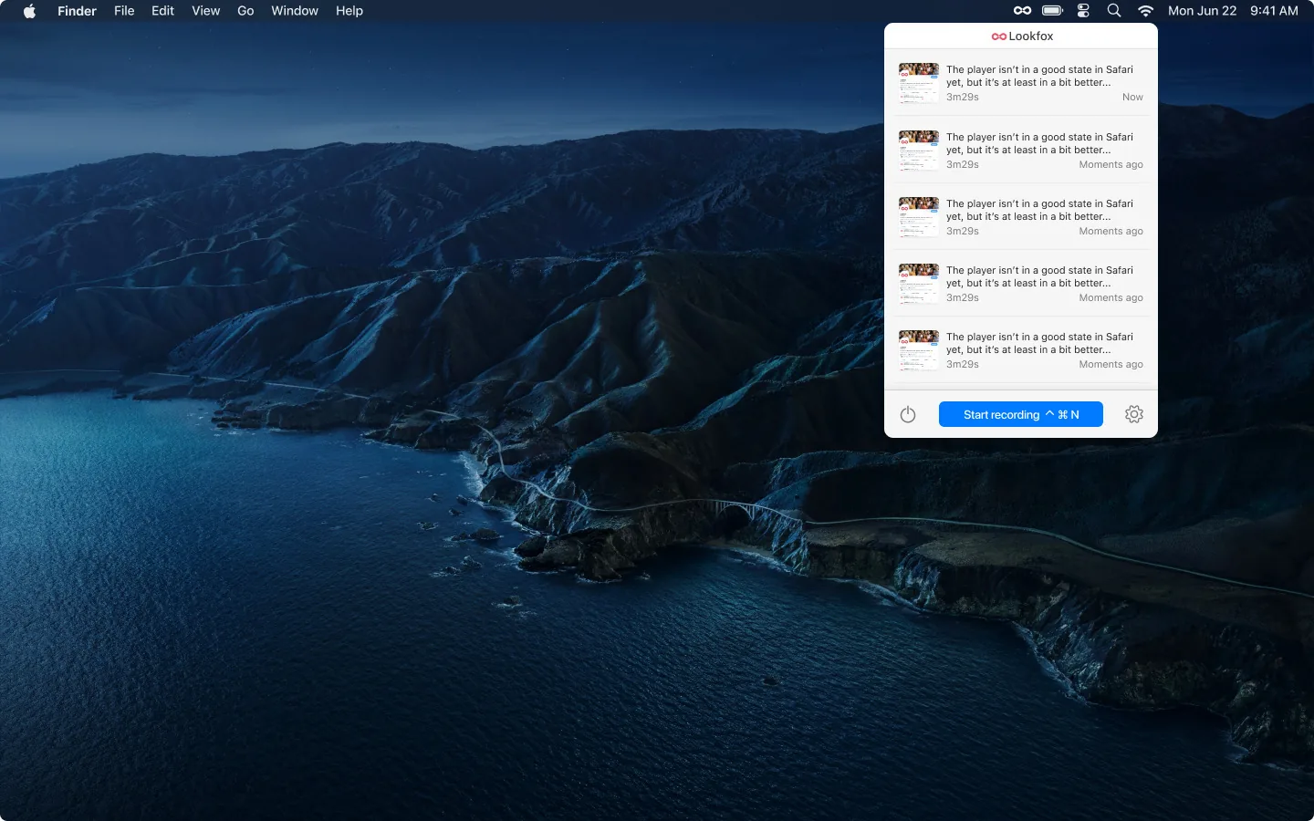 Lookfox recent recordings menu open over a macOS desktop of a coastline at dusk