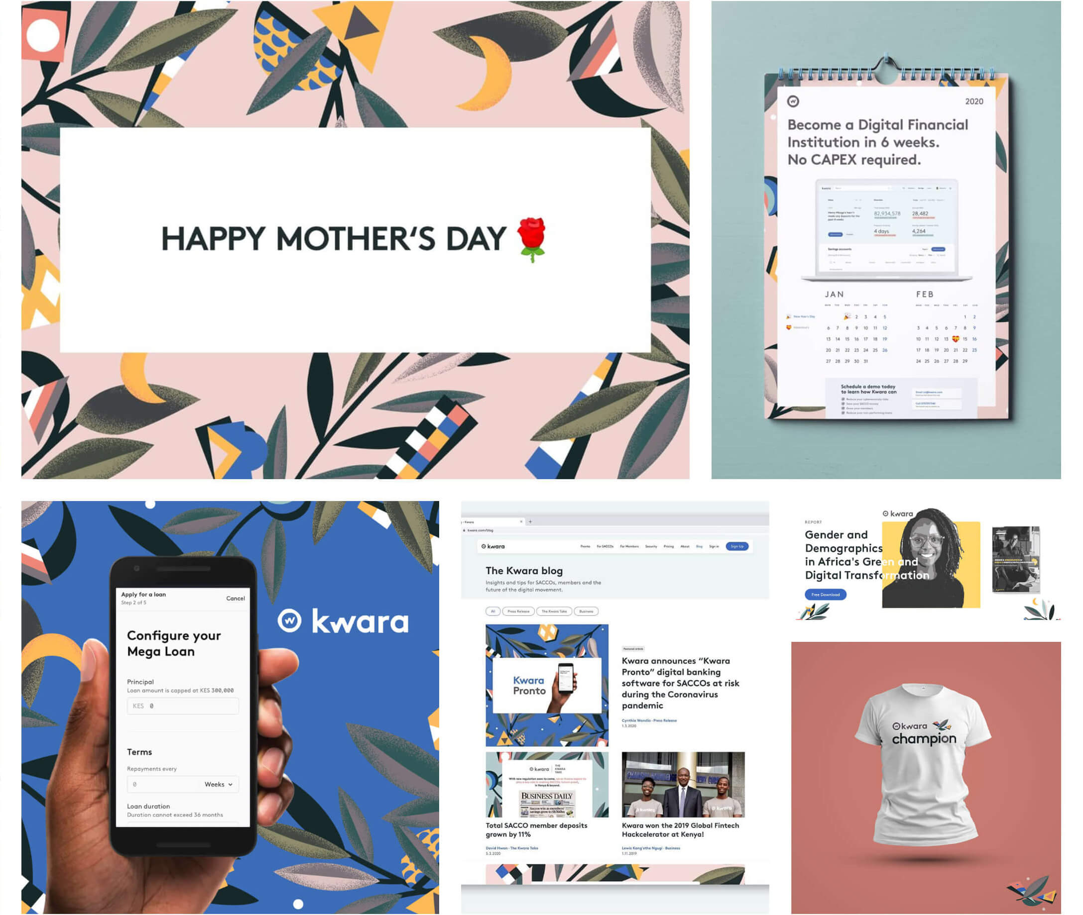 Social media post, calendar mockup, website mockup, merchandise, partner assets