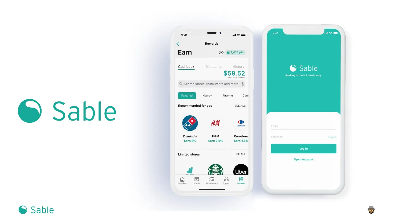 Slide 2 of 24. The Sable logo beside two phones: the Earn screen with $59.52 total cashback received, and the Sable sign-in screen