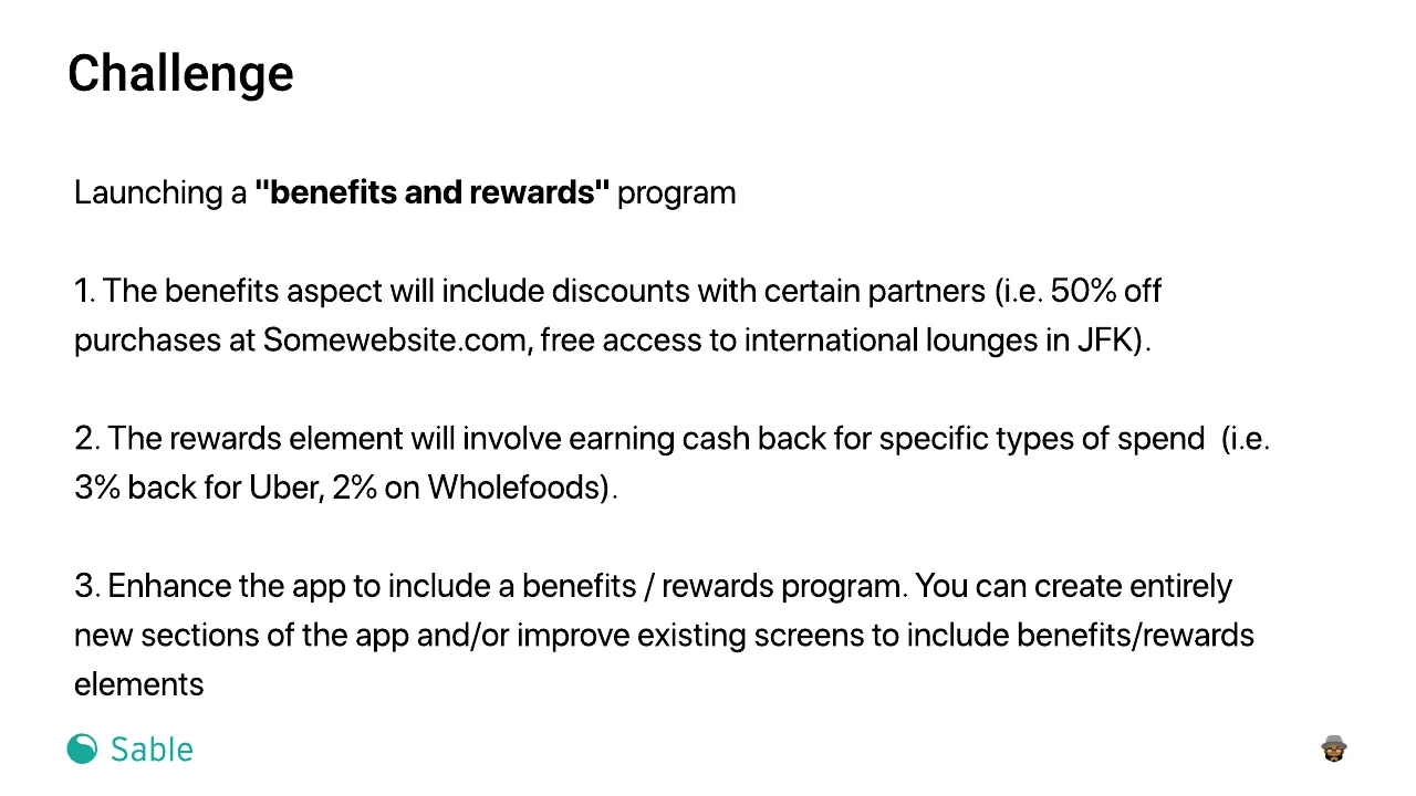 Slide 3 of 24. Challenge: launching a benefits and rewards program, with partner discounts, cash back on specific kinds of spend, and freedom to add new sections to the app