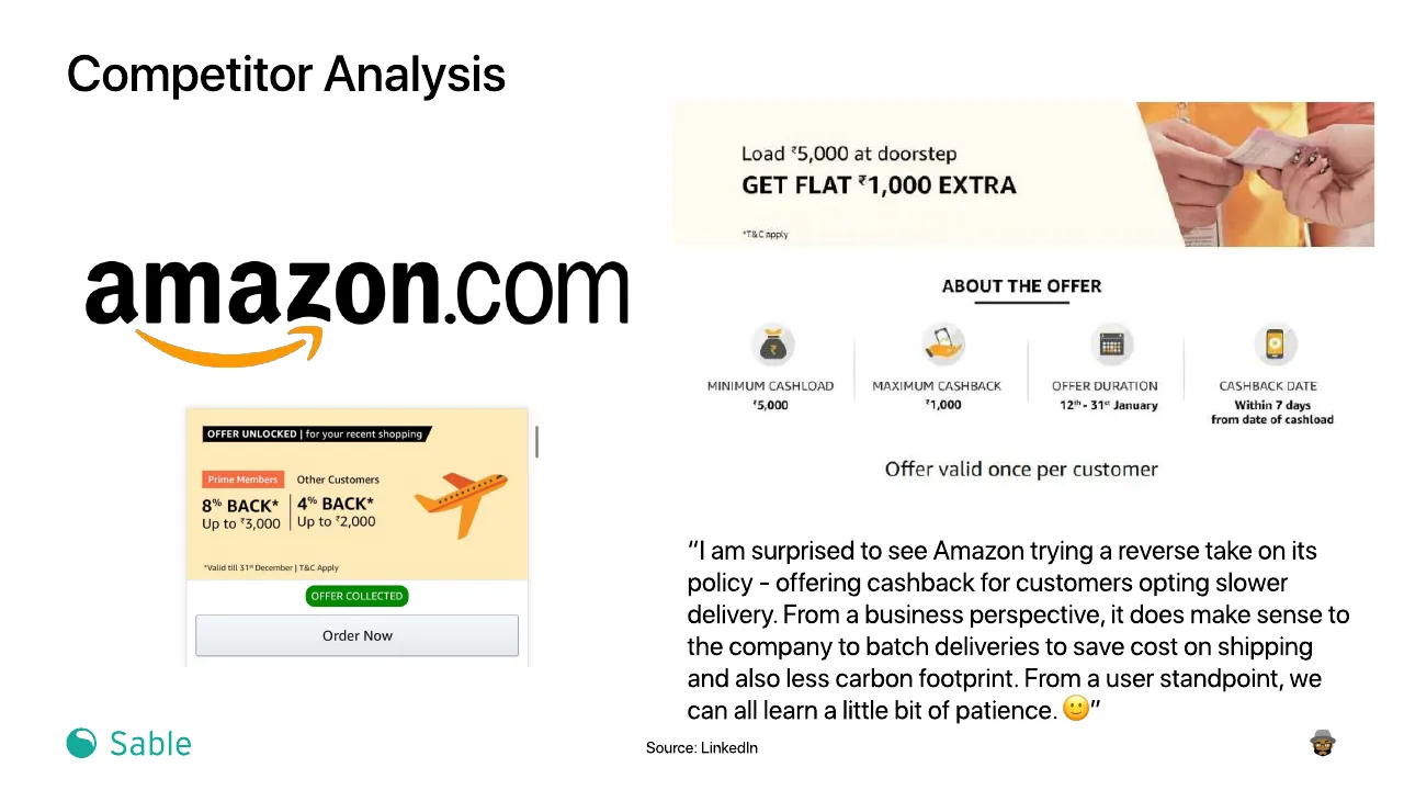 Slide 9 of 24. Competitor analysis: Amazon Pay offers cash back for choosing slower delivery, with a LinkedIn quote reacting to it