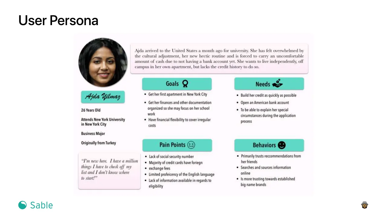 Slide 11 of 24. User persona: Ajda Yilmaz, 26, an NYU business major from Turkey, with her goals, needs, pain points and behaviours