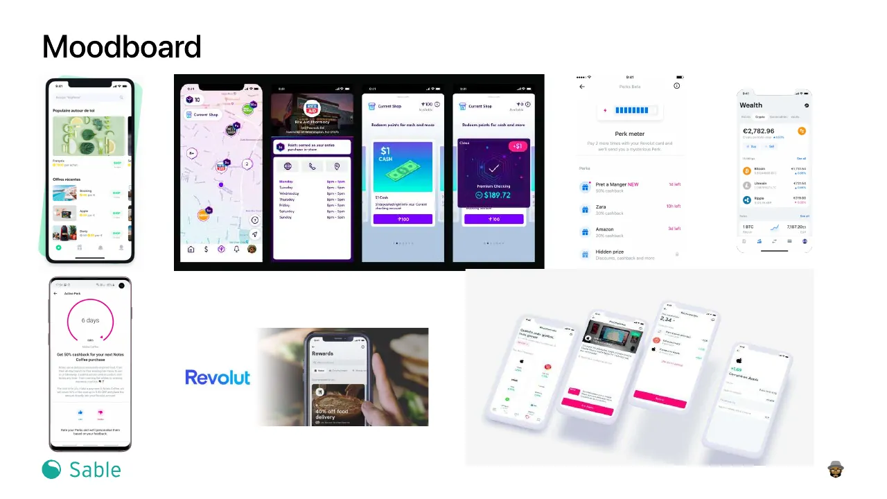 Slide 16 of 24. Moodboard of rewards screens from other apps, including Revolut perks