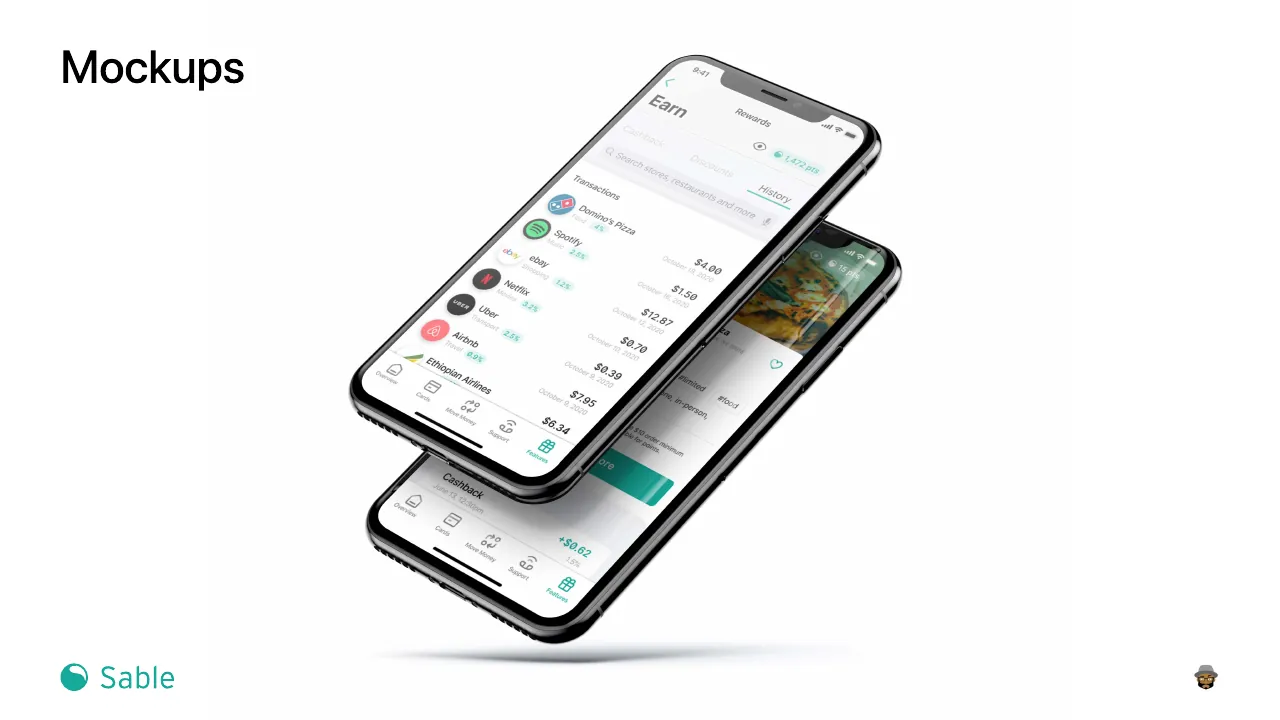 Slide 19 of 24. Mockups: two phones showing the Earn history of cashback transactions