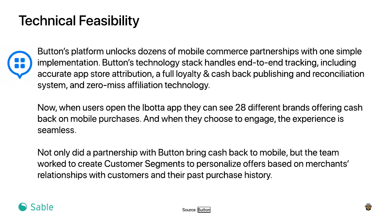 Slide 21 of 24. Technical feasibility: Button’s platform for mobile commerce partnerships, and how Ibotta used it