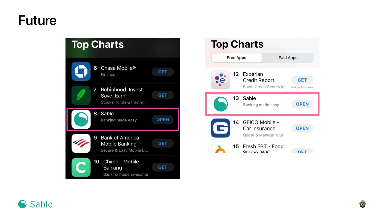 Slide 23 of 24. Future: App Store top charts with Sable at number 8 and at number 13 in free apps