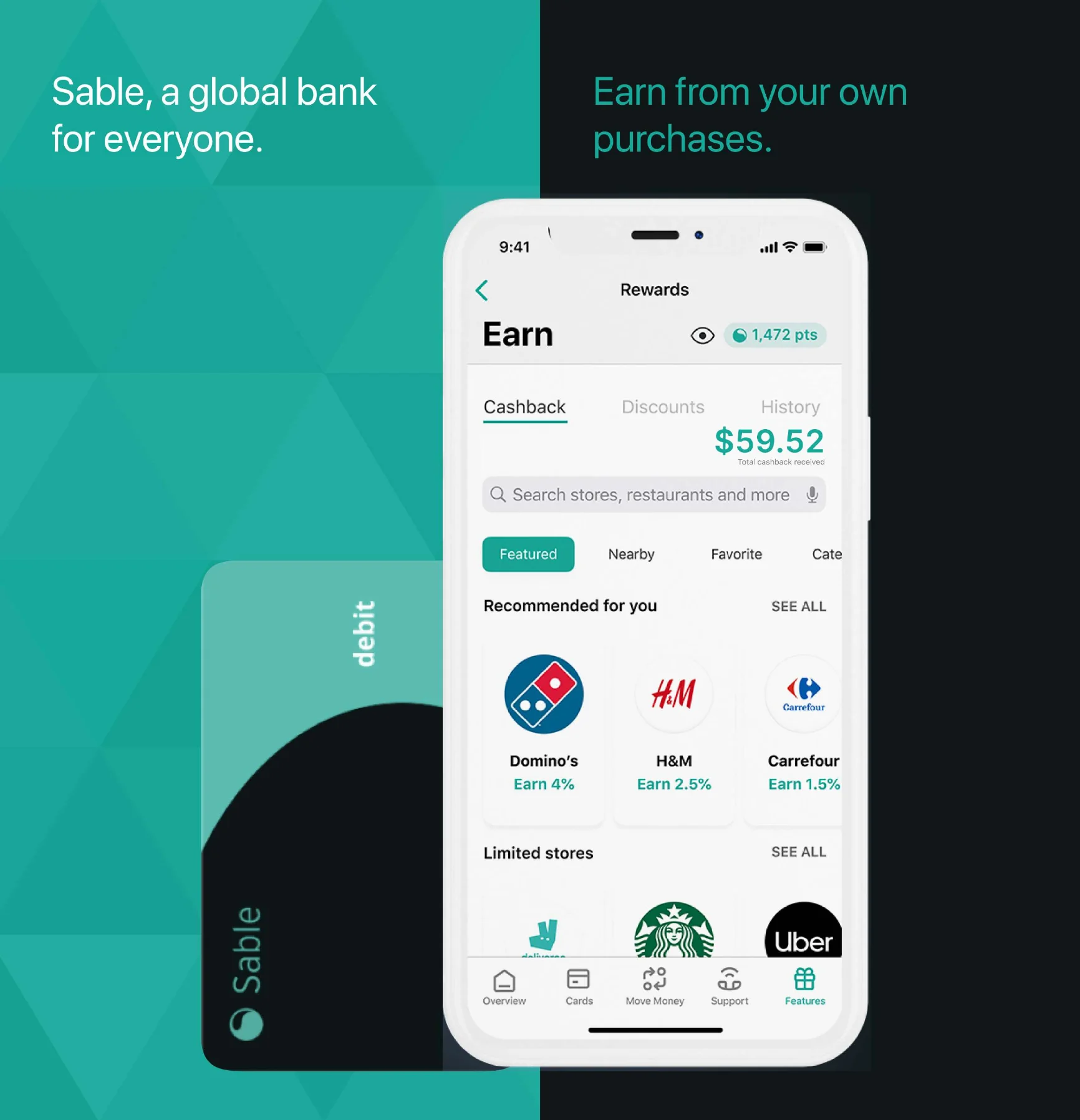 Sable Earn screen on a phone beside a Sable debit card