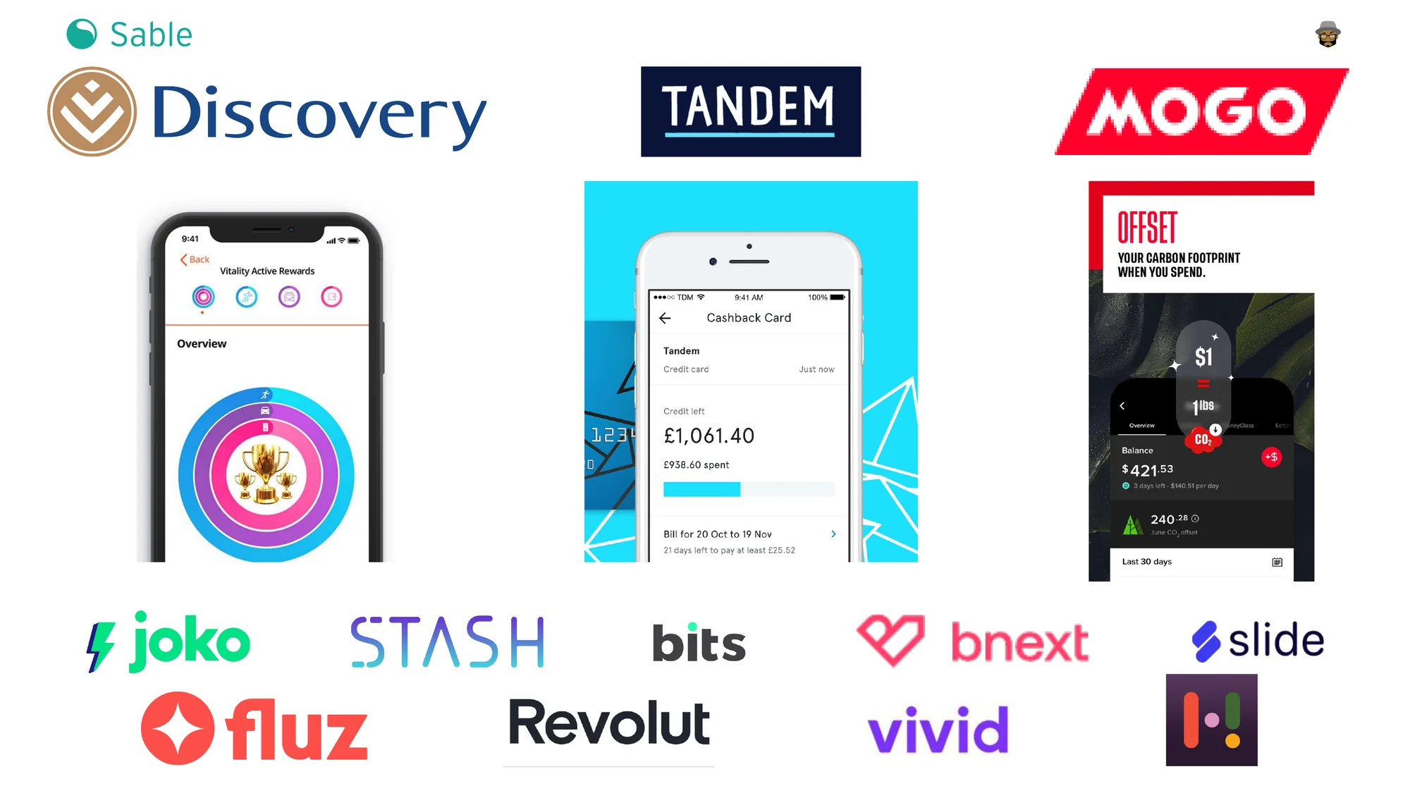 Rewards apps including Discovery, Tandem, Mogo, Joko, Stash, bits, bnext, Slide, Fluz, Revolut and Vivid