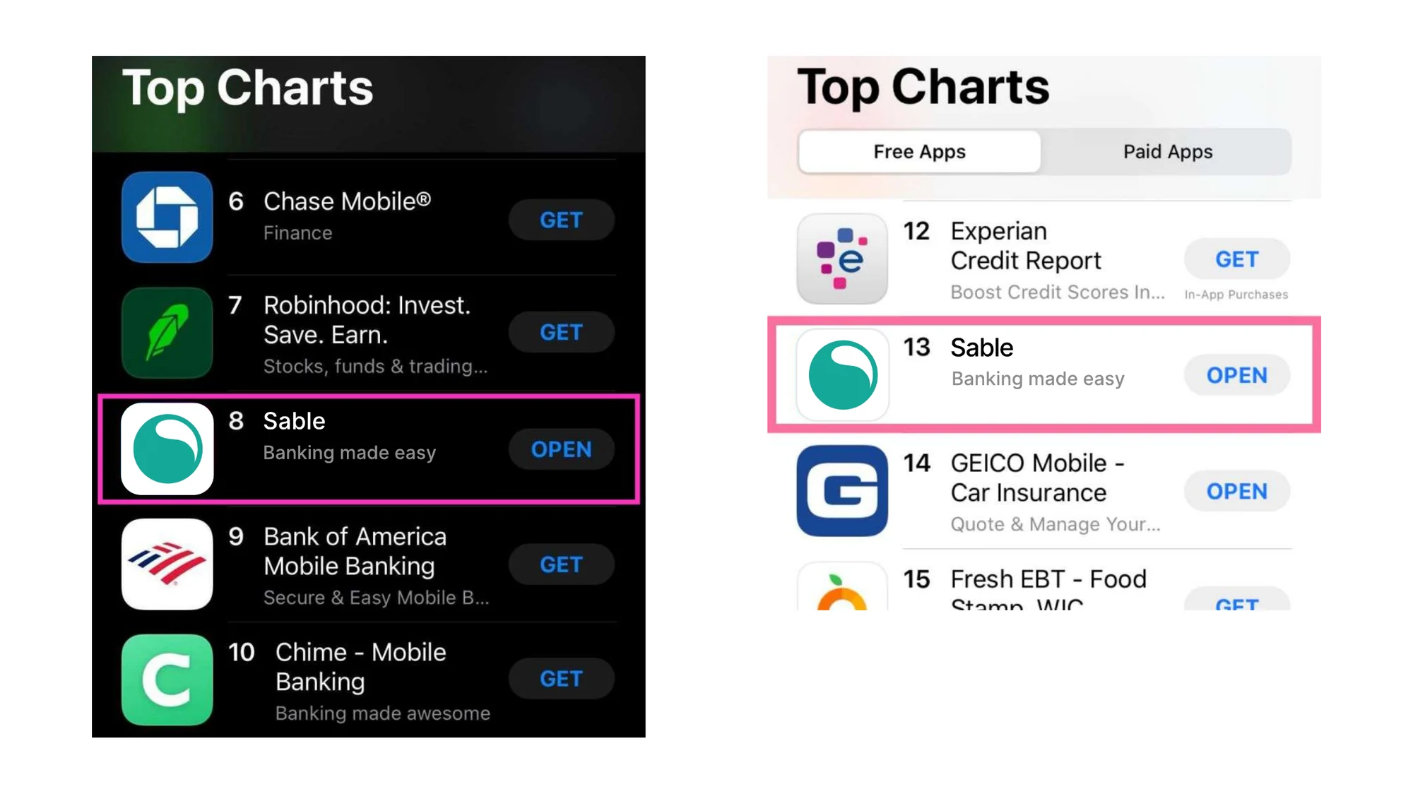 App Store top charts with Sable highlighted at number 8 and at number 13 in free apps