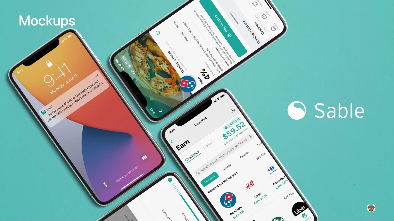 Four phones on a teal background: a lock-screen notification reading ‘You’ve spent $50.40 at Domino’s Pizza and earned 1.5% cashback’, a Domino’s offer earning 4%, and the Earn screen with $59.52 total cashback received