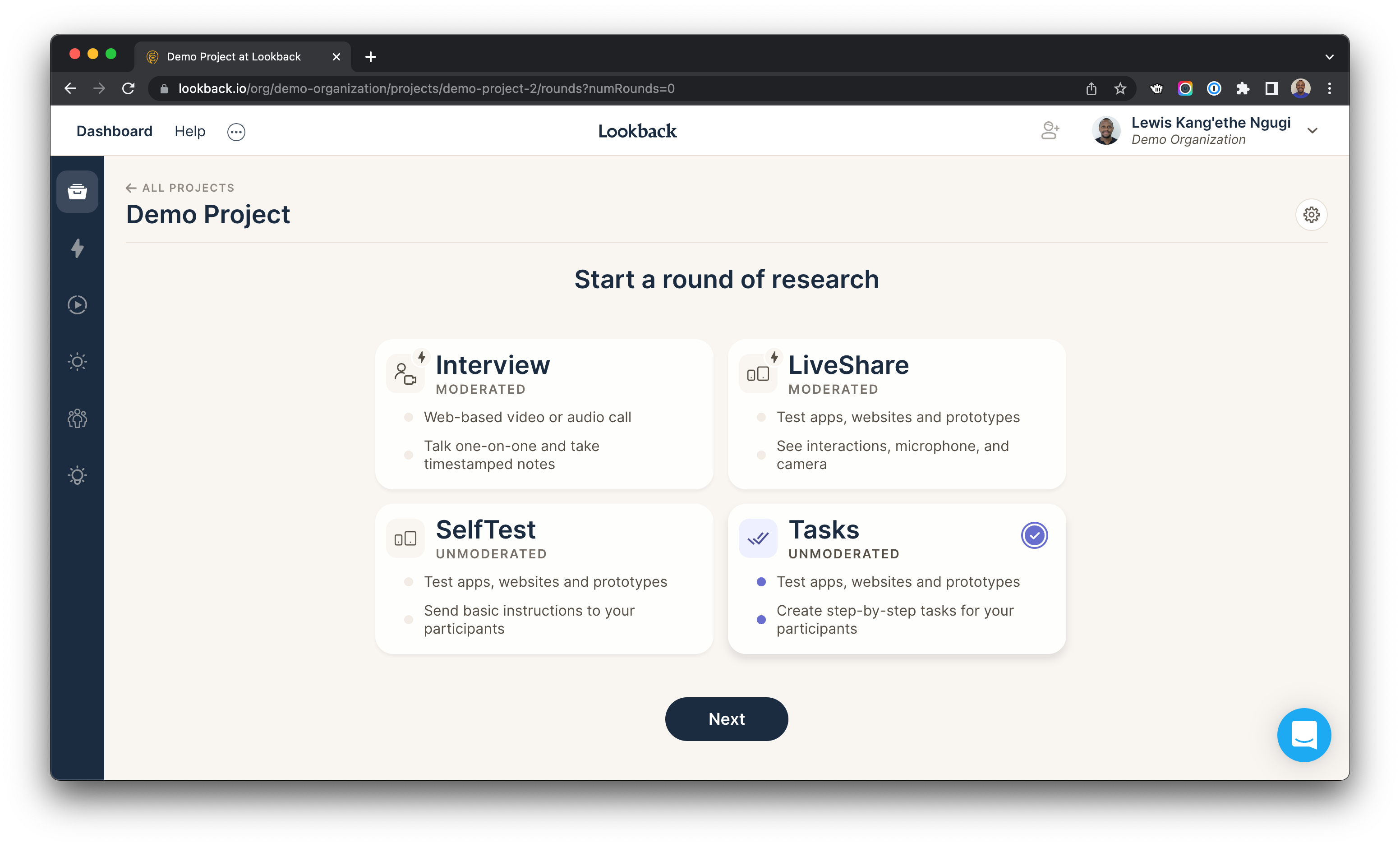 Start a round of research dashboard